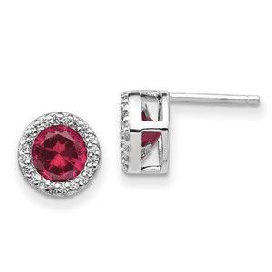 925 Sterling Silver  Lab Created Red Ruby &  White CZ Round Halo Post Earrings